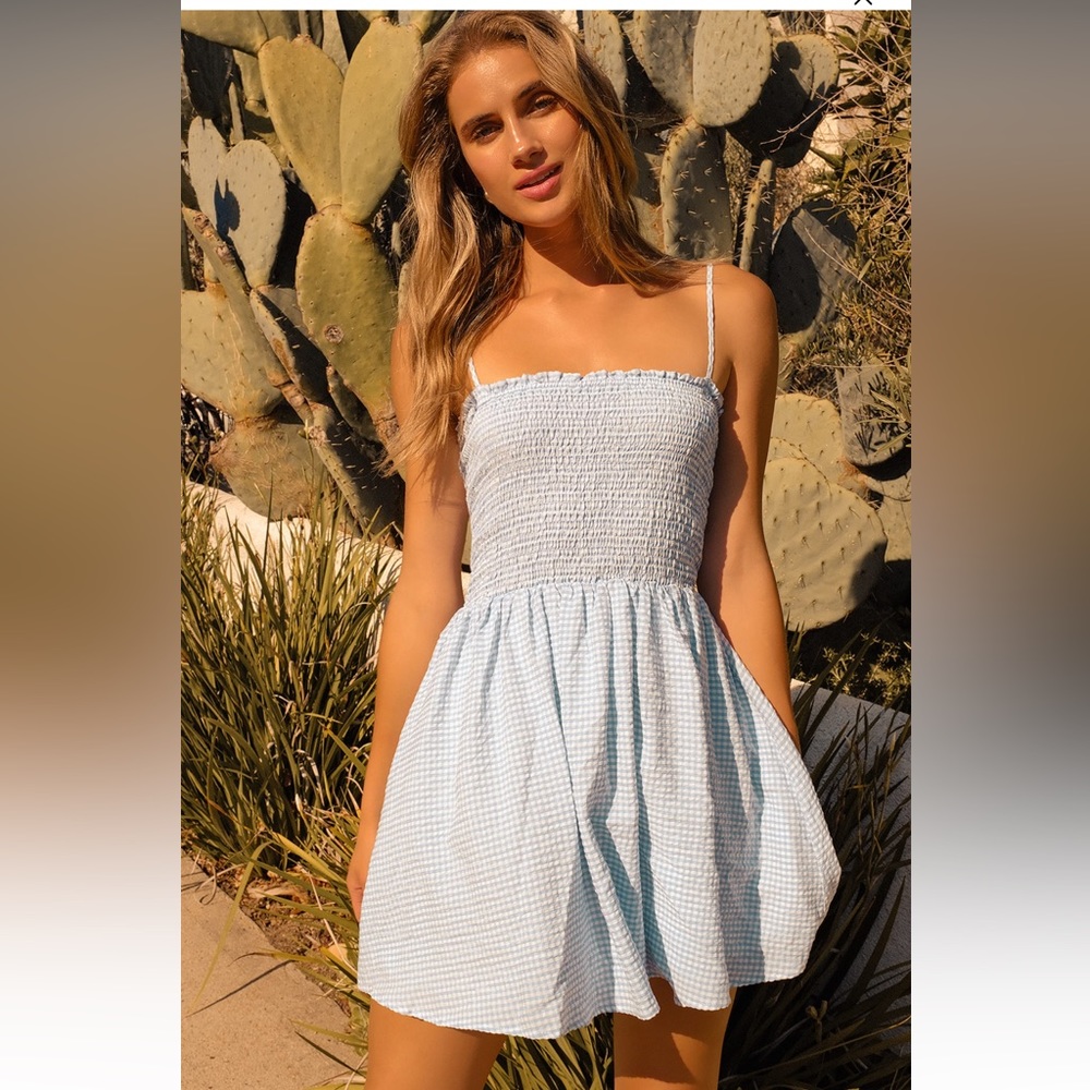 Lulu’s Treat Me Right Light Blue Gingham Smocked Mini Dress